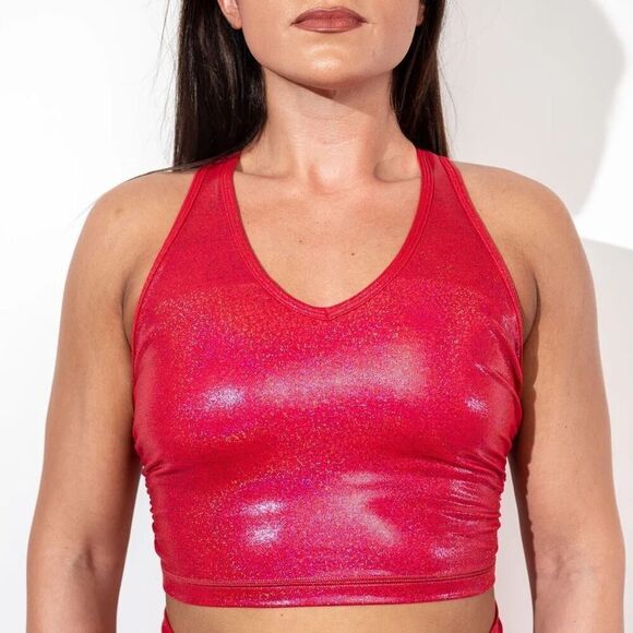 ACBikinis NWT Metallic Racerback Cropped Tank Sports Bra in Red Size Medium - Picture 3 of 10